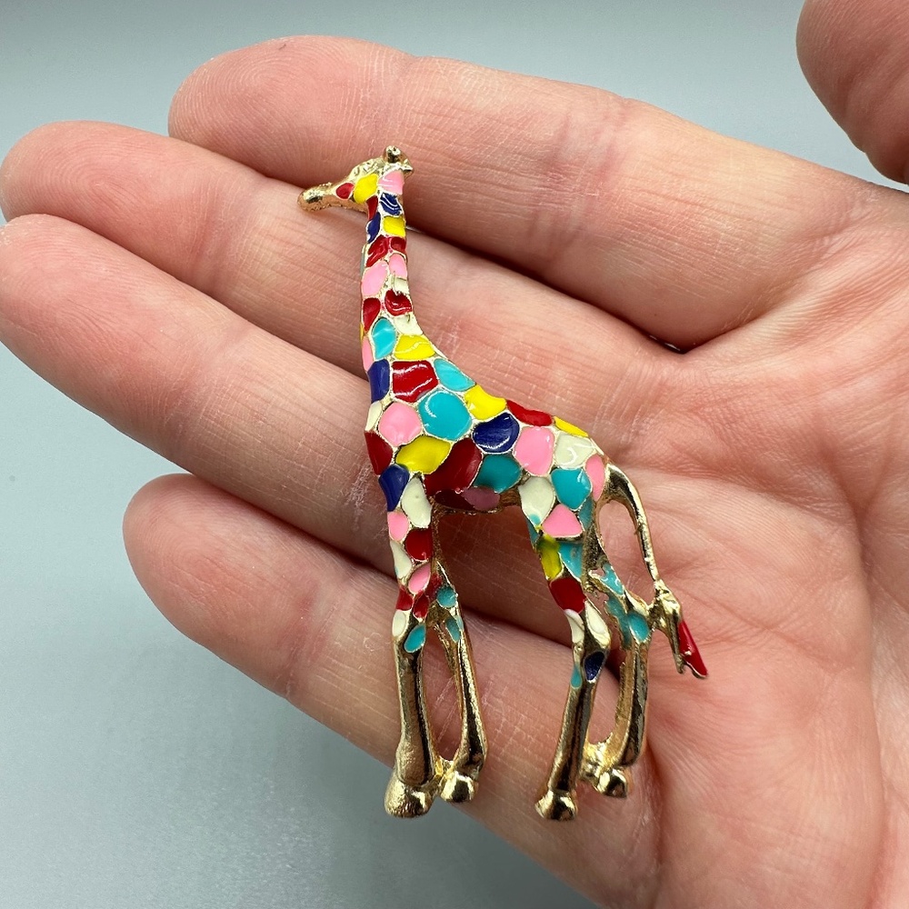 Gold Tone Mosiac Enamel Giraffe Pin Brooch Jewelry Colorful Animals